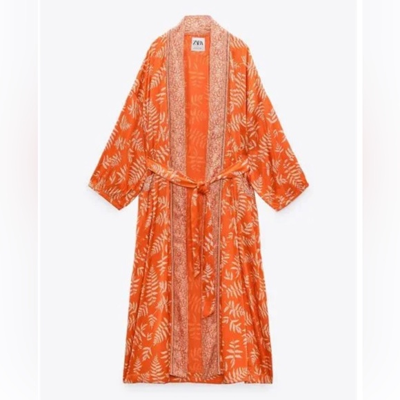NWT ZARA Long Orange and White fern print Hanoi Kimono with belt size S - Picture 1 of 10